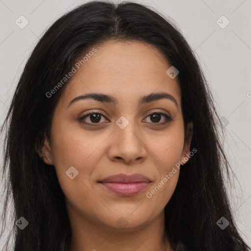 Joyful latino young-adult female with long  brown hair and brown eyes