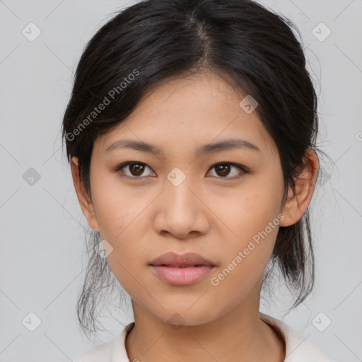 Neutral asian young-adult female with medium  brown hair and brown eyes