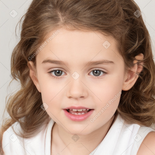 Joyful white child female with medium  brown hair and brown eyes