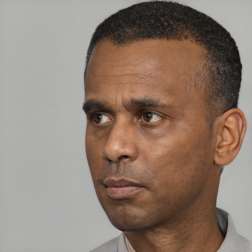 Neutral black adult male with short  black hair and brown eyes