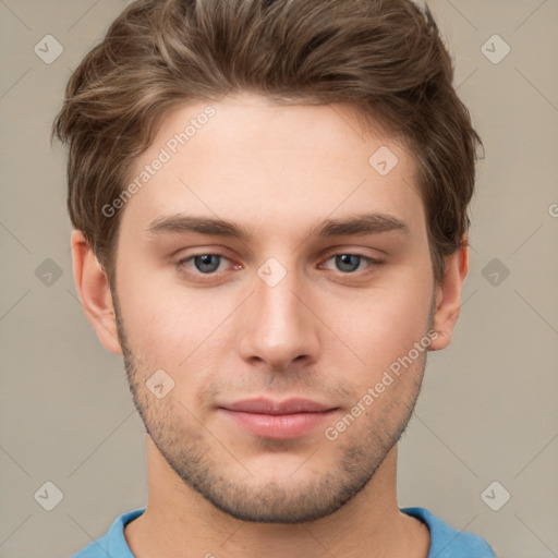 Neutral white young-adult male with short  brown hair and grey eyes