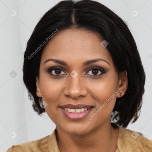 Joyful black young-adult female with medium  brown hair and brown eyes