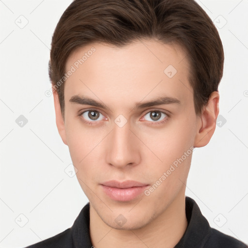 Neutral white young-adult male with short  brown hair and brown eyes