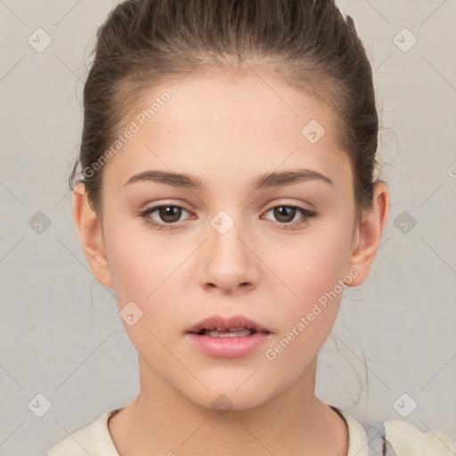 Neutral white young-adult female with short  brown hair and brown eyes