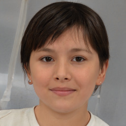 Joyful white child female with medium  brown hair and brown eyes