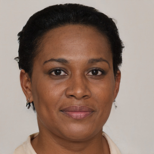 Joyful black adult female with short  brown hair and brown eyes