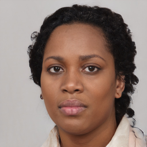 Neutral black young-adult female with medium  black hair and brown eyes