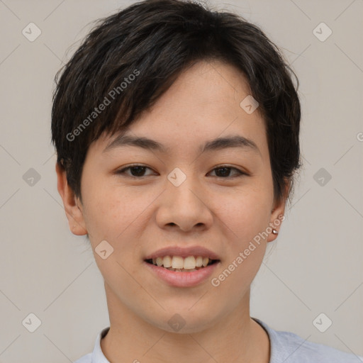 Joyful asian young-adult female with short  brown hair and brown eyes