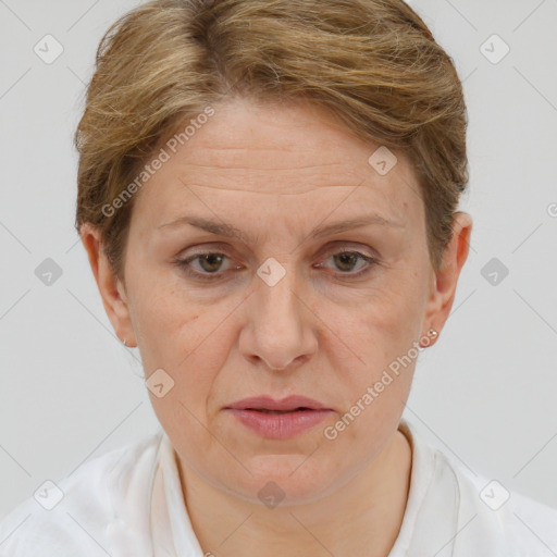 Joyful white adult female with short  brown hair and brown eyes