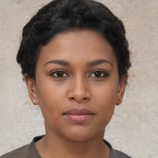 Neutral asian young-adult female with short  black hair and brown eyes