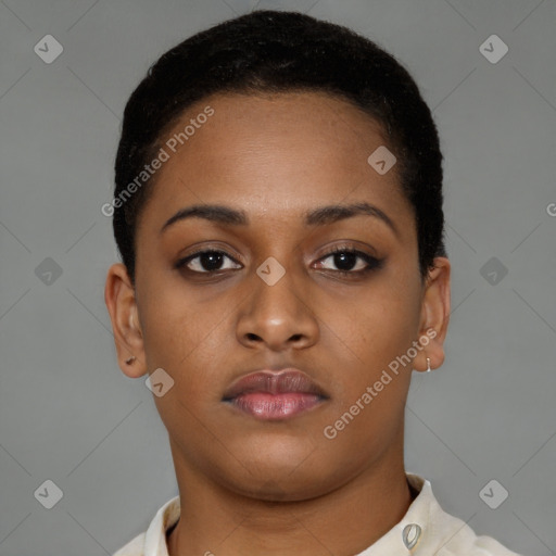 Neutral black young-adult female with short  brown hair and brown eyes