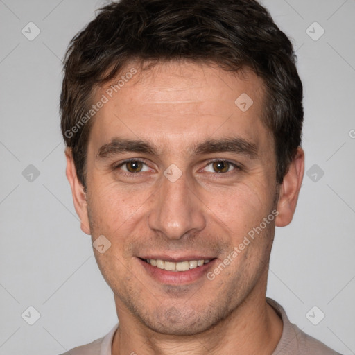 Joyful white young-adult male with short  brown hair and brown eyes