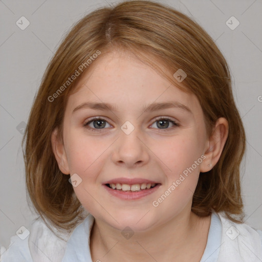 Joyful white child female with medium  brown hair and brown eyes