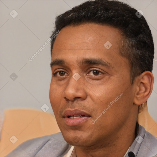 Neutral white adult male with short  black hair and brown eyes