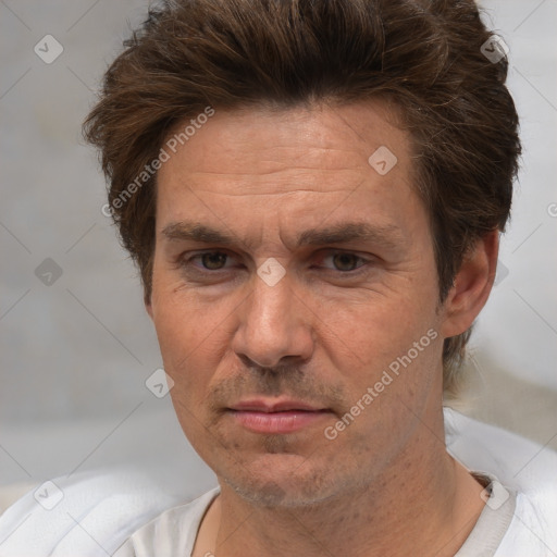 Neutral white adult male with short  brown hair and brown eyes