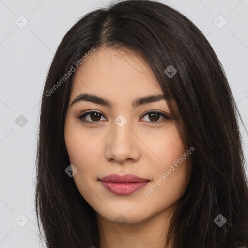 Joyful latino young-adult female with long  brown hair and brown eyes