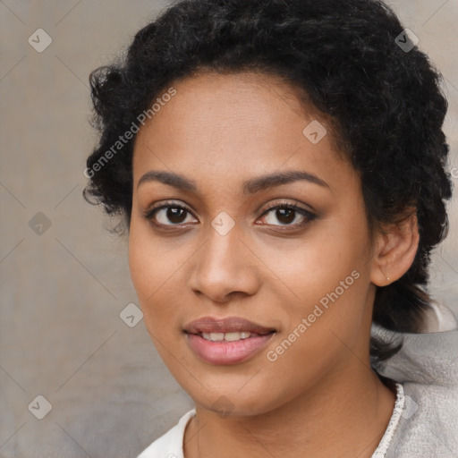 Joyful latino young-adult female with short  black hair and brown eyes