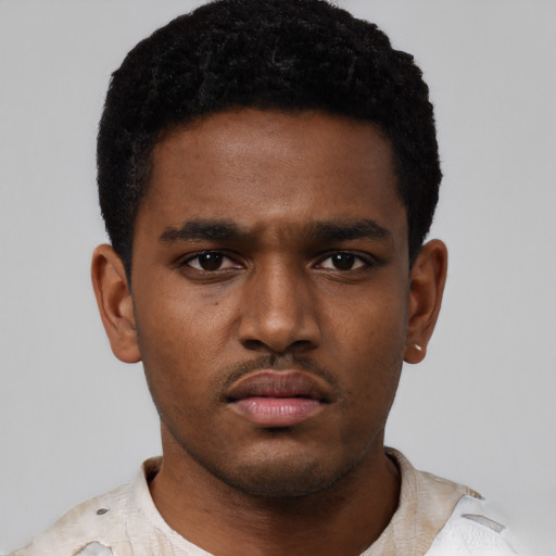 Neutral black young-adult male with short  black hair and brown eyes