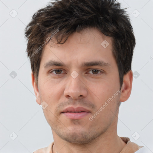 Neutral white young-adult male with short  brown hair and brown eyes