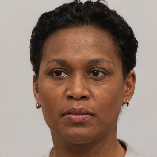 Neutral black adult female with short  brown hair and brown eyes