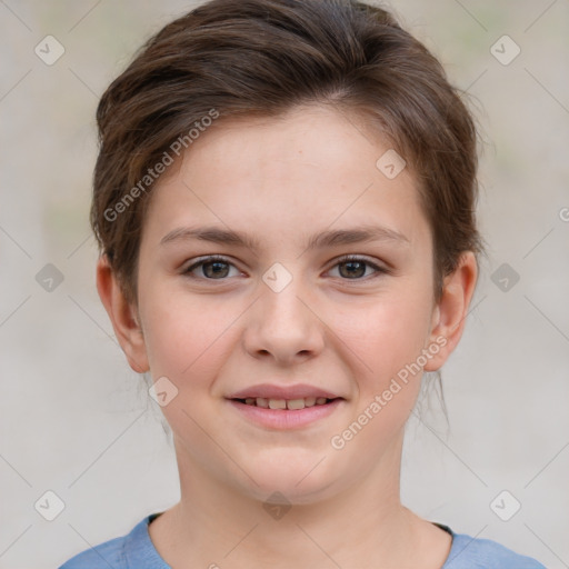 Joyful white child female with short  brown hair and brown eyes