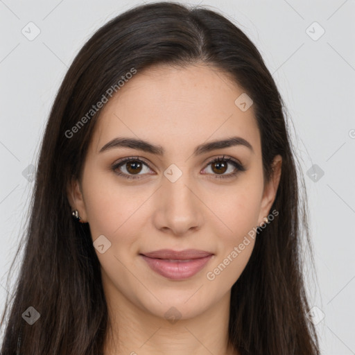 Joyful white young-adult female with long  brown hair and brown eyes