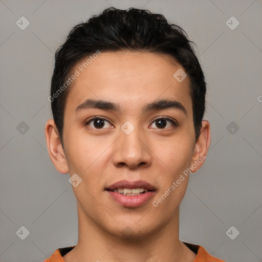 Joyful white young-adult male with short  black hair and brown eyes