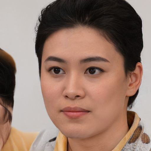 Neutral white young-adult female with medium  brown hair and brown eyes
