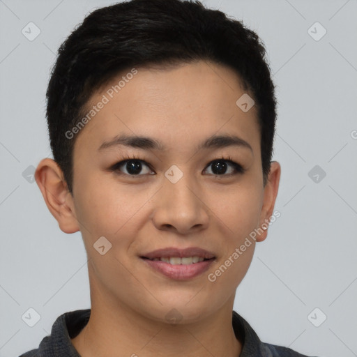 Joyful asian young-adult female with short  brown hair and brown eyes