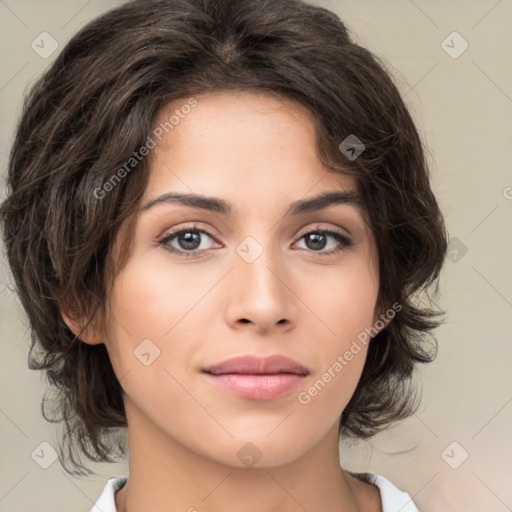 Neutral white young-adult female with medium  brown hair and brown eyes