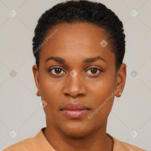 Neutral black young-adult female with short  black hair and brown eyes