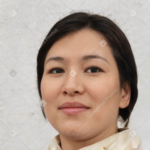 Joyful white young-adult female with medium  brown hair and brown eyes