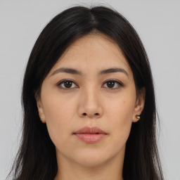 Neutral asian young-adult female with long  brown hair and brown eyes