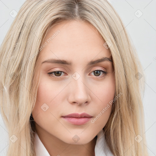 Neutral white young-adult female with long  brown hair and brown eyes