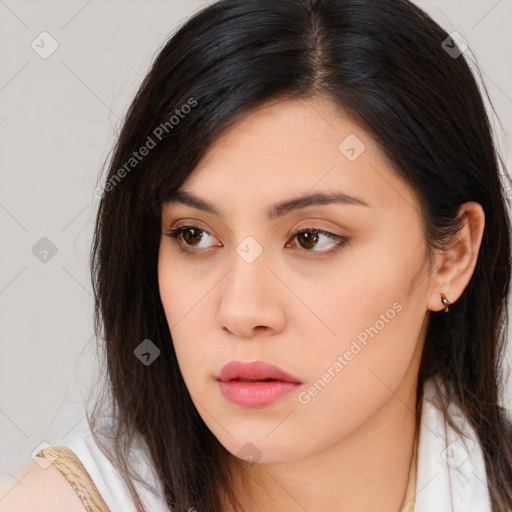 Neutral asian young-adult female with long  brown hair and brown eyes