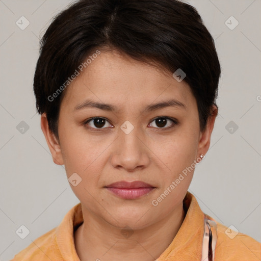 Joyful white young-adult female with short  brown hair and brown eyes