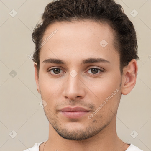 Neutral white young-adult male with short  brown hair and brown eyes