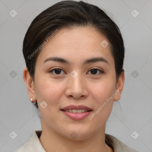 Joyful asian young-adult female with medium  brown hair and brown eyes