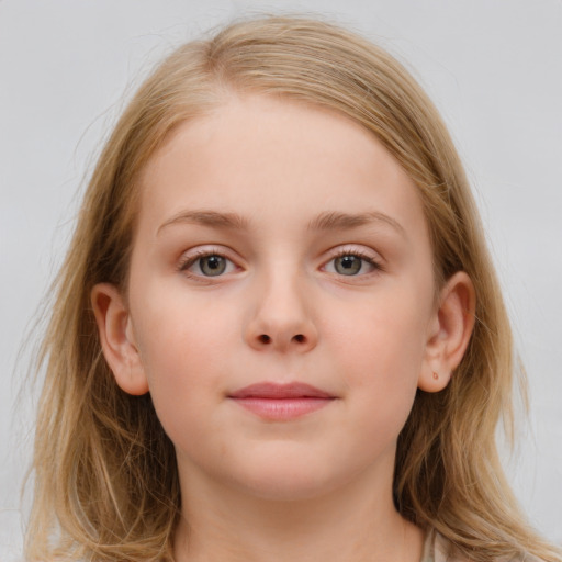 Neutral white child female with medium  brown hair and blue eyes