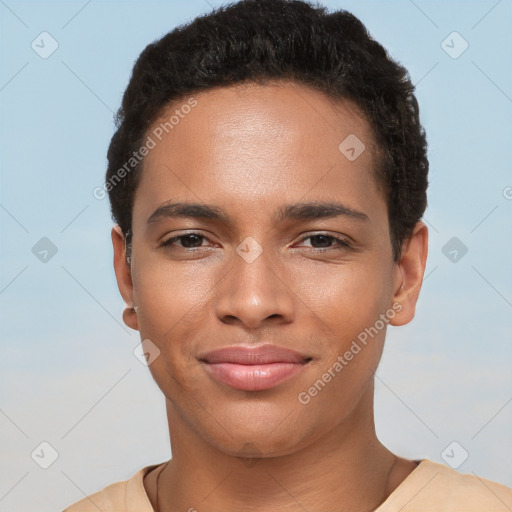 Joyful black young-adult female with short  brown hair and brown eyes