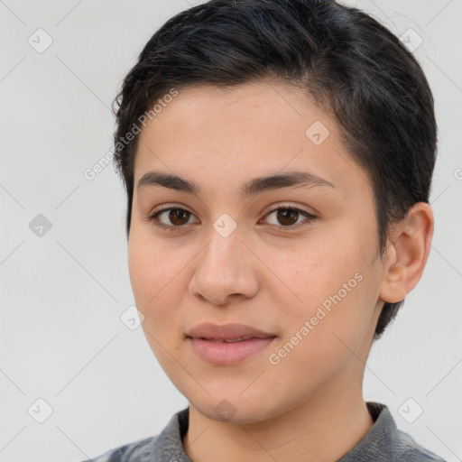 Joyful white young-adult female with short  brown hair and brown eyes