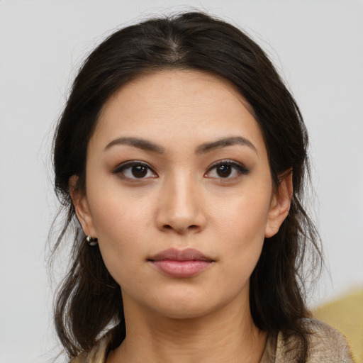 Neutral asian young-adult female with long  brown hair and brown eyes