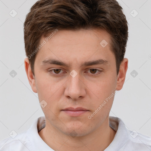 Neutral white young-adult male with short  brown hair and brown eyes