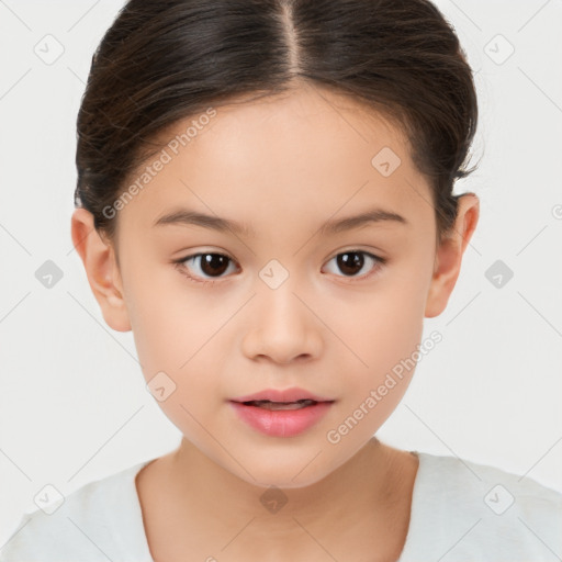 Joyful white child female with short  brown hair and brown eyes