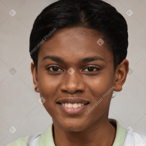 Joyful latino young-adult female with short  black hair and brown eyes