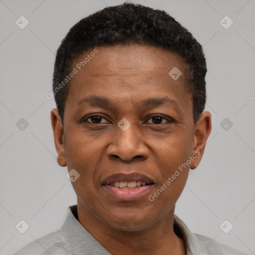 Joyful black adult male with short  black hair and brown eyes