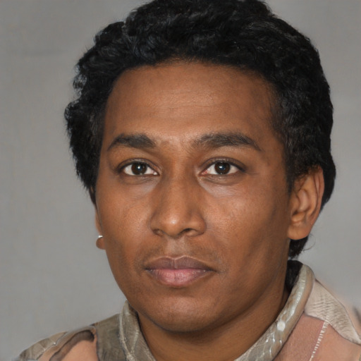 Neutral latino adult male with short  black hair and brown eyes