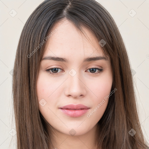 Neutral white young-adult female with long  brown hair and brown eyes