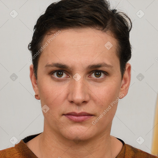 Neutral white young-adult female with short  brown hair and brown eyes