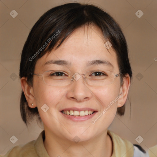 Joyful white adult female with medium  brown hair and brown eyes